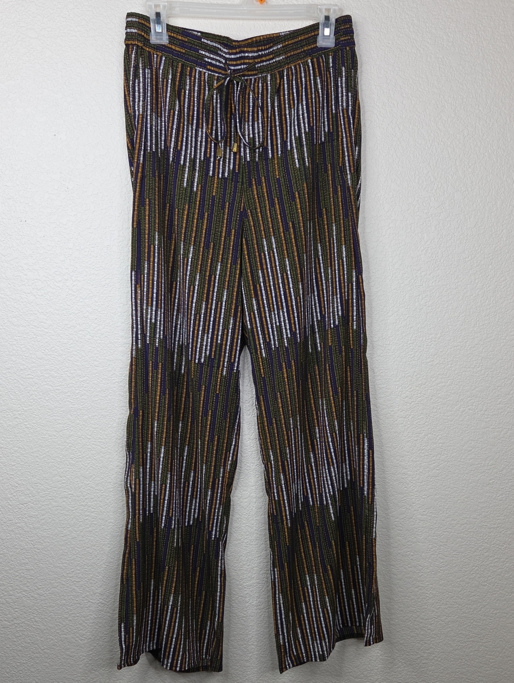 Striped Wide-Leg Pull-On Pants in Olive, Black & Metallic